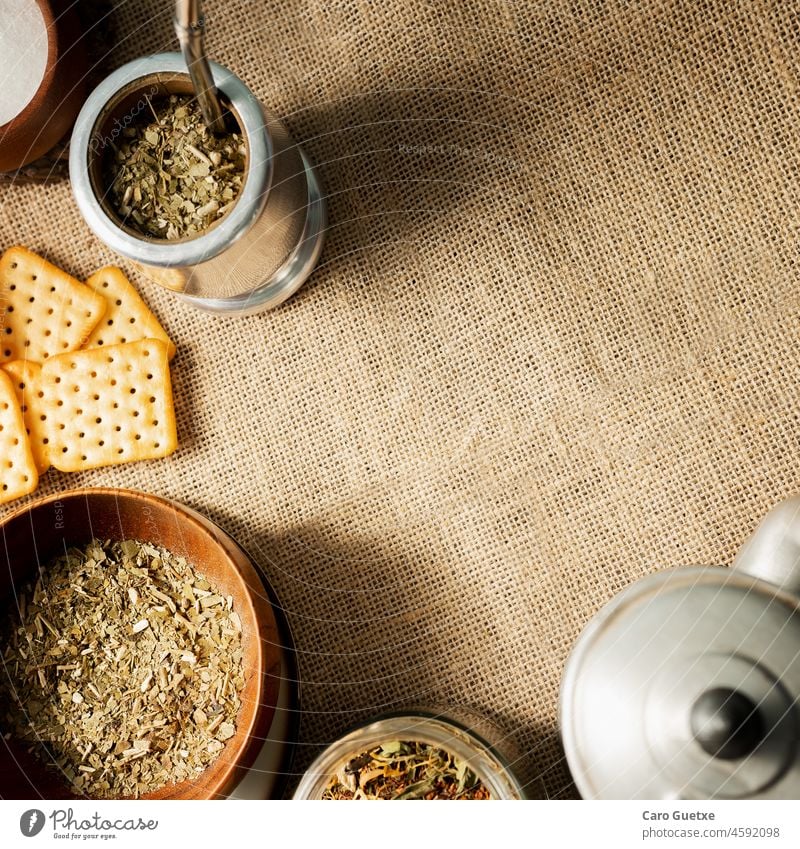 Cookies and ingredients for making mate drink Mate tea argentina food Latin drinks infusion Tea Still Life Table Hot drink Beverage Close-up flat lay