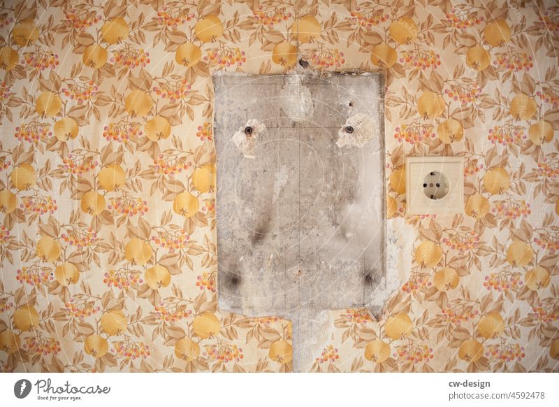 Trash | The good old flower wallpaper Wallpaper Socket Floral wallpaper Interior shot Colour photo Wall (building) Old Deserted Retro Pattern Room Decoration