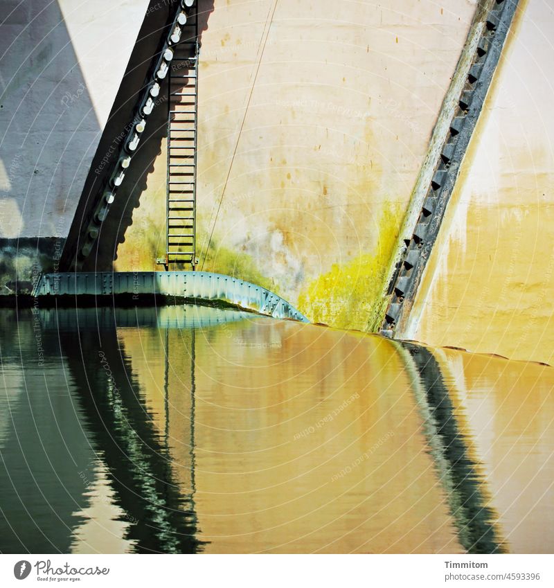 Neckar and weir with shadows and reflections Dam Manmade structures Water reflection Barrage technique Technology Ladder Conveyor Exterior shot Deserted