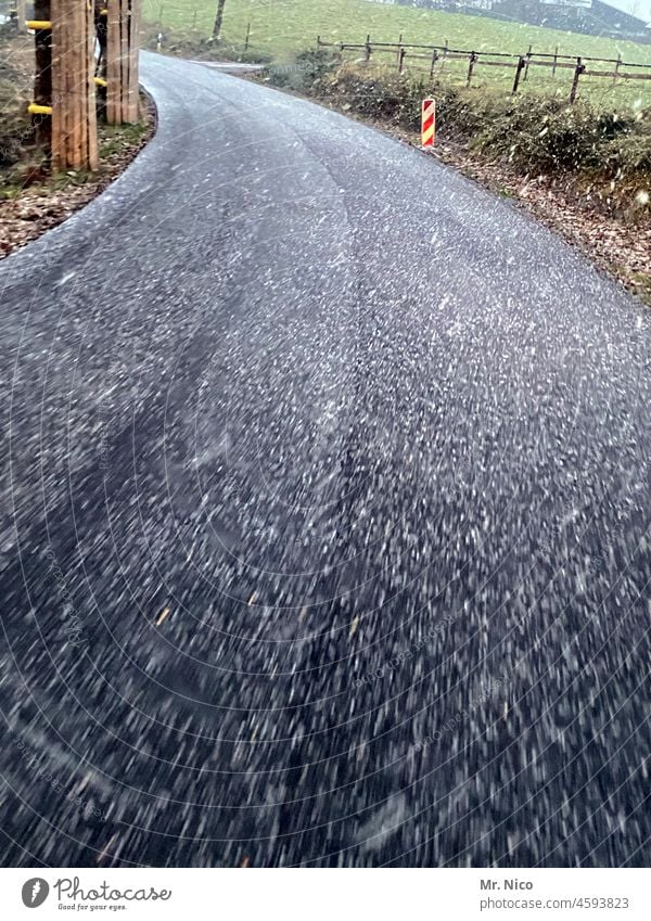 light snowfall Snowfall snowy Winter Cold Bad weather Comfortless Wind Gray Street Asphalt Country road Weather Environment Ancillary road Skid marks Deserted