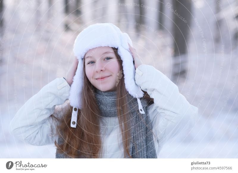 Winter girl with stylish russian ushanka cap portrait 13 - 18 years Human being Girl Young woman Girlish Portrait of a young girl Long-haired Cap cap girl