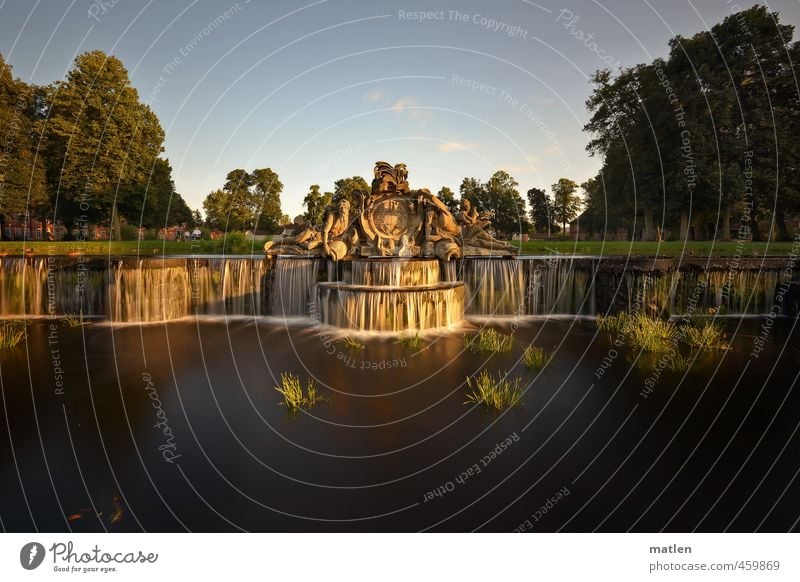 cascade Sculpture Architecture Tree Park Castle Terrace Tourist Attraction Brown Green White Flow Castle grounds Well Waterfall Colour photo Exterior shot Day