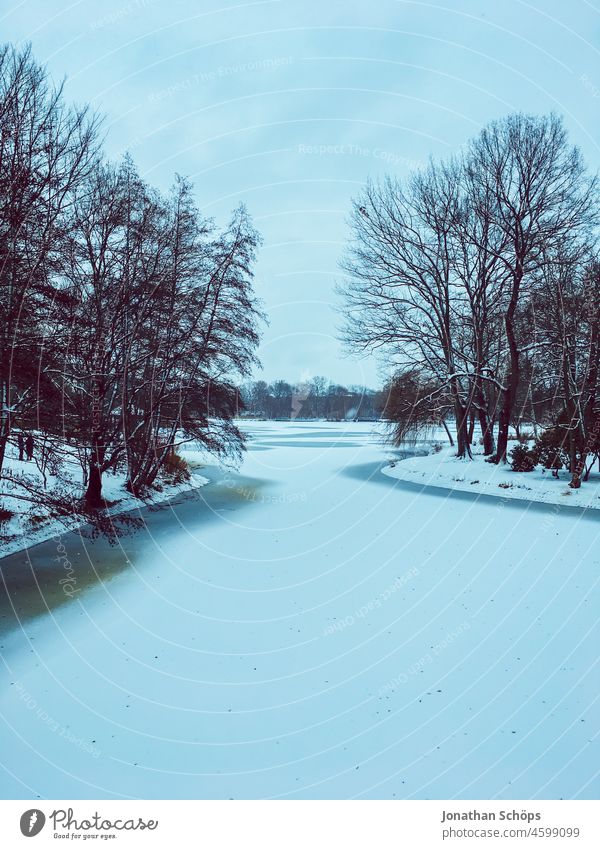 Chemnitz castle pond rests still and rigid Castle pond Pond Lake Body of water Winter Snow quick-frozen silent Starling Cold Ice bank Landscape winter landscape