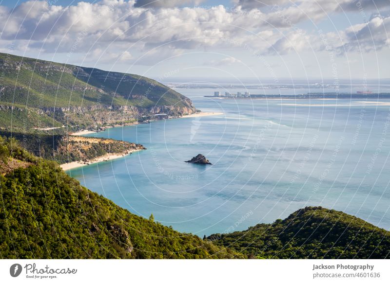 Beautiful coast of Arrabida Natural Park, south from Lisbon, Alentejo, Portugal portugal park arrabida landscape atlantic sea ocean lisbon sunny cloudy green