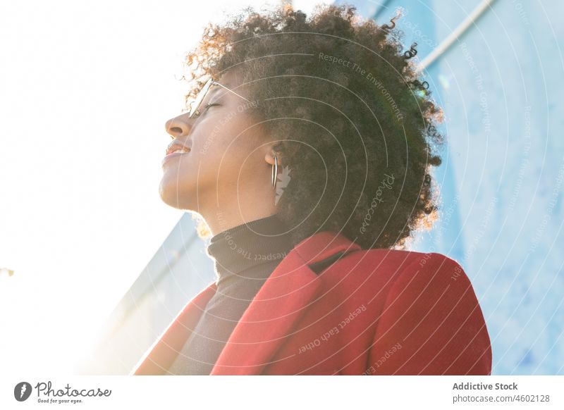 African American woman with Afro hairstyle standing on stone fence afro smile happy lean charming curly hair trendy relax city rest eyes closed blue optimist