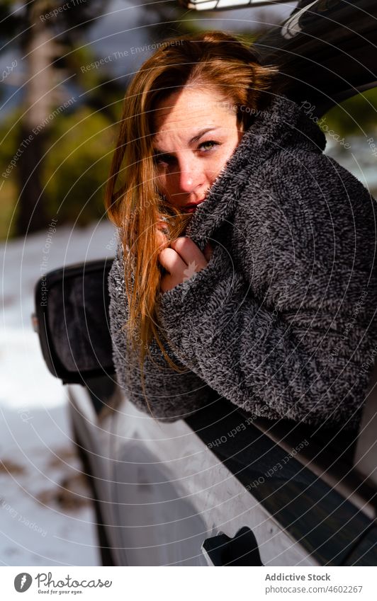 Young female leaning out of opened window of car winter woman driver forest cold trip road trip nature vehicle warm clothes automobile adventure travel relax