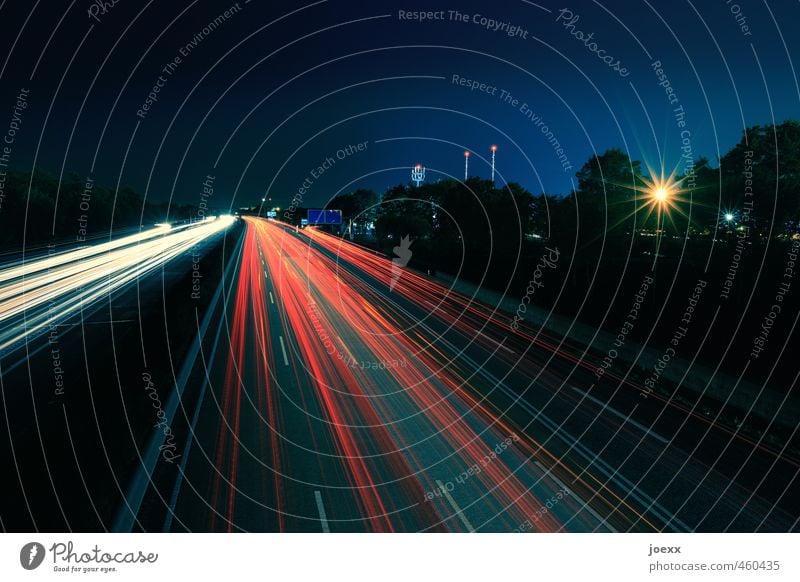 Round trip Sky Night sky Beautiful weather Transport Traffic infrastructure Rush hour Road traffic Motoring Street Highway Driving Speed Blue Yellow Red Black