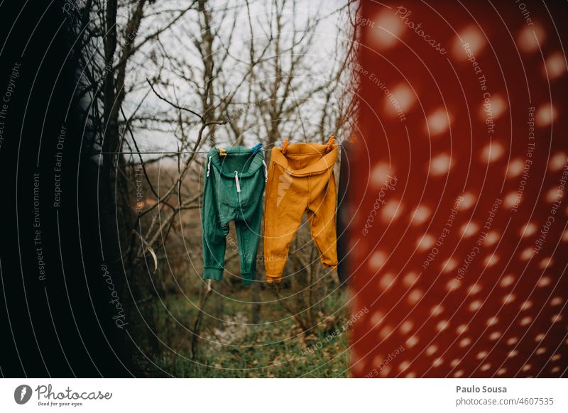 Clothes hanging on clothesline Clothesline Clothing Clothes peg Hang up Colour photo Clean White Washing Laundry Dry Household Washing day Fresh Deserted Holder