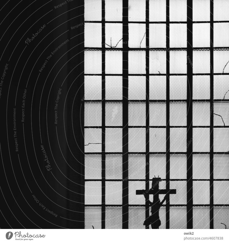 silent mass Crucifix Jesus Christ Christian cross Church window Interior shot Detail Christianity Religion and faith Belief Hope Window Glass Silhouette