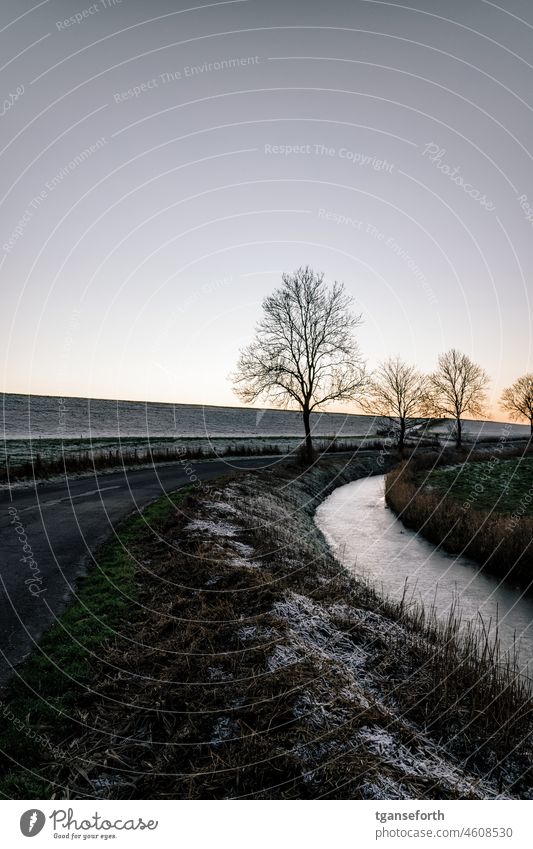 Winter day in East Frisia Frost Ice East Frisland Dike Back-light Curve off Sunset Sunset sky sunset mood Deserted Dusk Exterior shot Evening Twilight Landscape