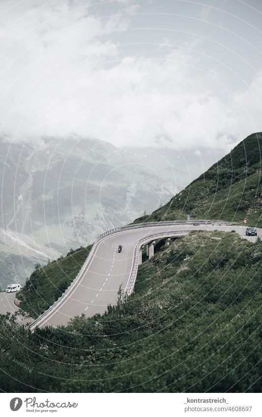 High up with curves Vantage point Far-off places Panorama (View) Light mountain landscape cloudy Beautiful weather Alps Peak Snow Moody naturally Sky