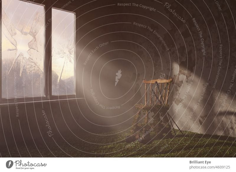 abandoned room with overgrown chair next to hiking boots and hiking sticks rays Seat Gloomy Decay Left Armchair Desolate Forget nobody Past Weathered Discarded