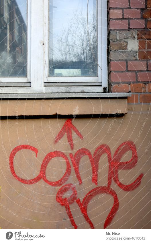 invitation Window Graffiti Characters Facade graffiti House (Residential Structure) Meaningful Creativity spray Arrow come in Daub Window board house wall