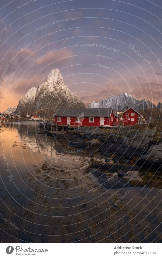 Fishing village near snowy mountains at sundown sea shore sunset house ridge cloudless sky winter lofoten norway Reine coast cottage landscape scenic