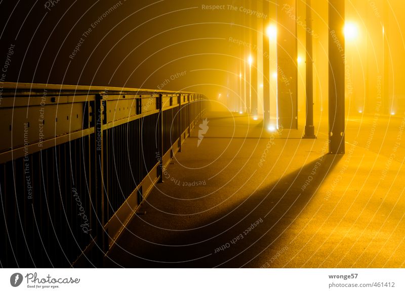 bridge in the fog Magdeburg Germany Saxony-Anhalt Europe Town Deserted Bridge Arched bridge Sidewalk Steel Bridge railing Iron Fog Back-light Evening