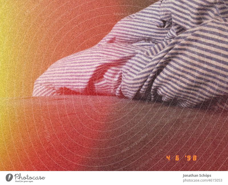 Comforter with Lightleak Duvet Bedclothes Cushion lightleak 1998 Sleep 90s Retro vintage Date Striped Bedroom Sheet Colour photo Interior shot Deserted Pillow