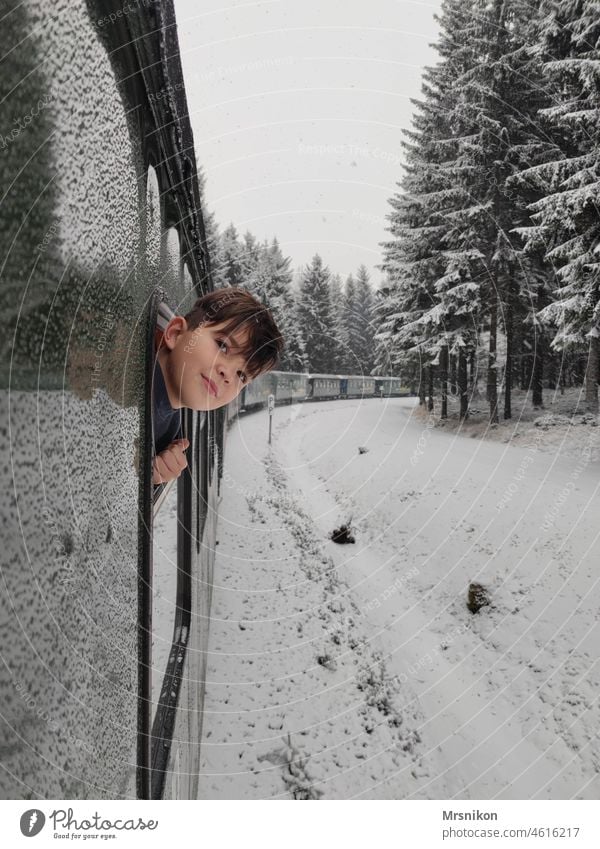 winter Boy (child) Child Infancy Winter Winter vacation Winter's day Winter mood Train Railroad Trip voyage Forest Winter forest Erz Mountains fichtelberg