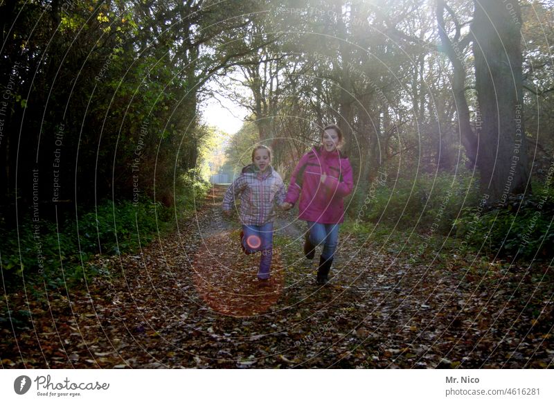 On your mark, get set ... Running Walking Playing Movement Joy Girl Joie de vivre (Vitality) Infancy Happy Nature forest path Autumn leaves out Forest activity