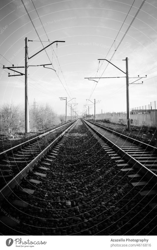 Evening scene with a railway. Railway view. business cargo carriage concept conceptual desert ecology electricity environment evening far feeling future goal