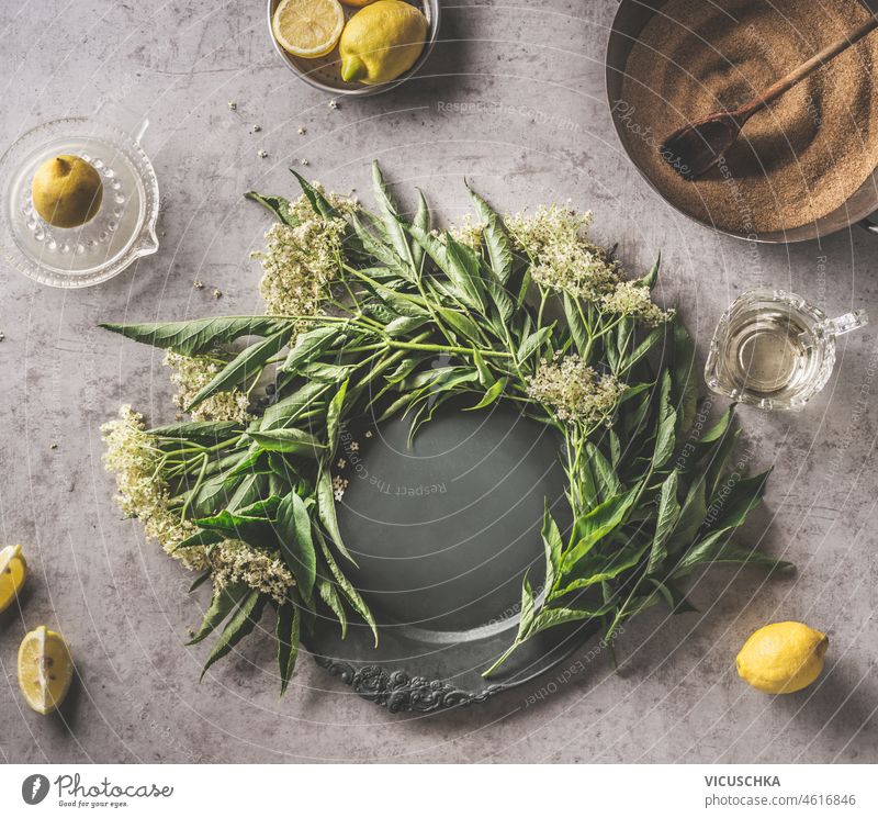 Circle shapes elder flowers on grey concrete kitchen table with ingredients syrup ingredients circle homemade sugar lemon petals top view frame background