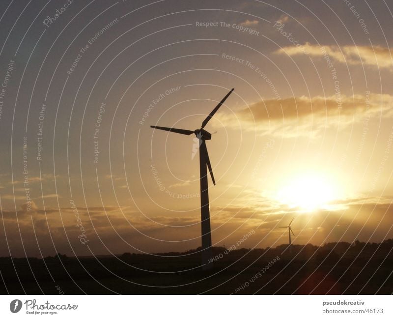 Gerda Wind energy plant Energy industry Renewable energy Electricity Sunrise Sunbeam Clouds Propeller Horizon Industry Sky Power Force Landscape