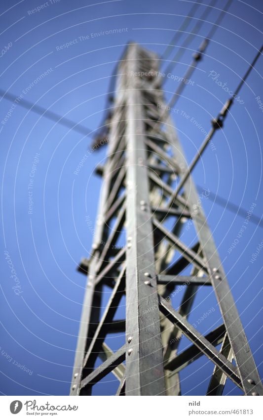 blue-grey Technology Energy industry Industry Electricity pylon Sky Cloudless sky Beautiful weather Blue Gray Ambitious Upward Colour photo Exterior shot Day