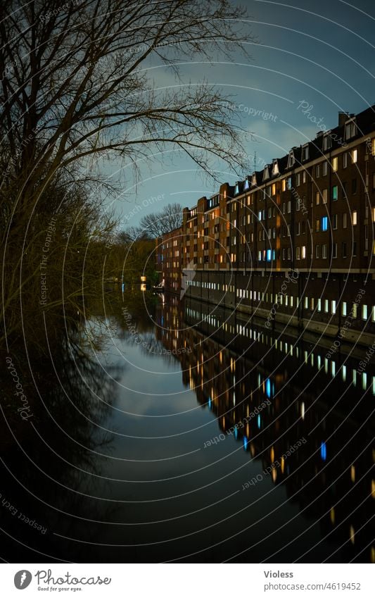 It's getting night in Hamburg III Lighting Hanseatic City Night bille Channel Bridge Window Clouds reflection Apartment Building Illuminated Dark