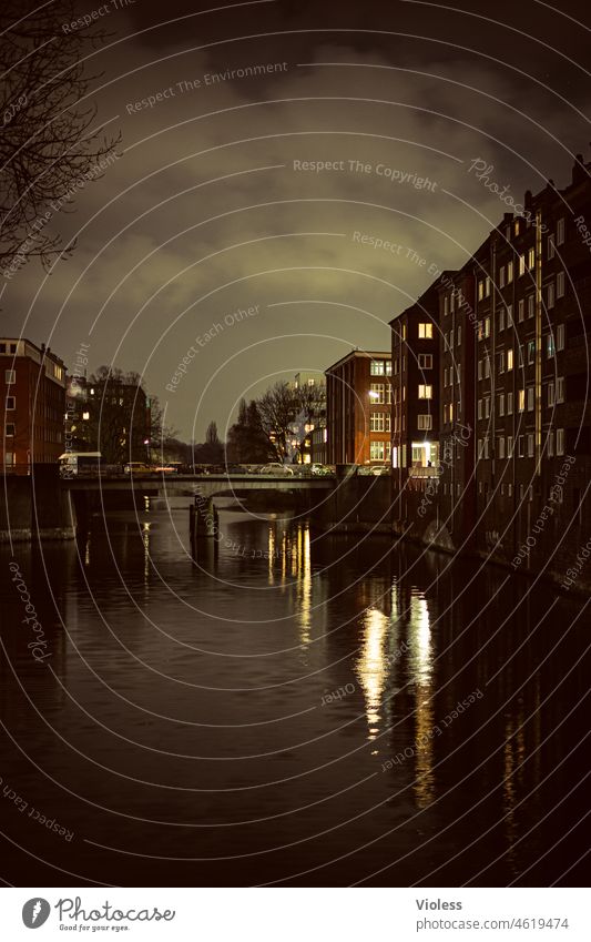 Night falls in Hamburg Bridge Channel bille Window Clouds reflection Diagonal Street Apartment Building