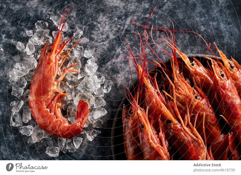 Shrimps in bowl with ice and parsley shrimp prawn seafood delectable palatable luxury gourmet dish meal tasty fresh cuisine delicious ingredient nutrition