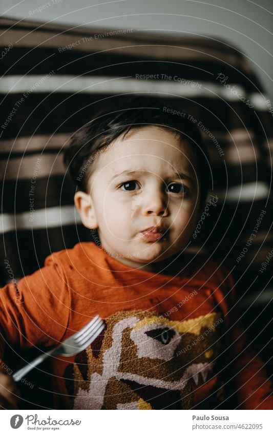 Boy holding a fork Child childhood Boy (child) Caucasian Portrait photograph 1 - 3 years Fork Emotions Life Day Joy Human being Lifestyle Toddler Authentic