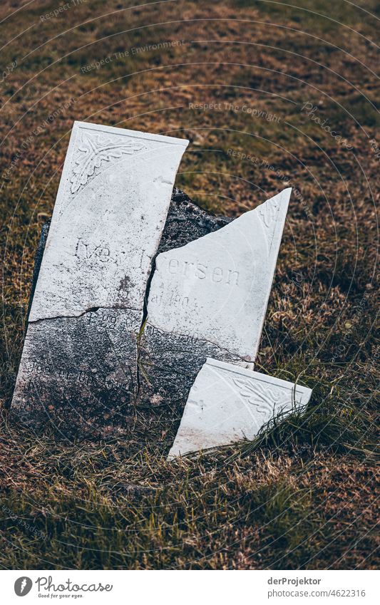 Faroe Islands: Broken grave slabs at Kvivik cemetery Holiday season Rural Landscape Picturesque highlands Cold Mountain Sunlight idyllically stunning Rock