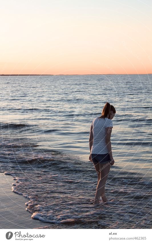 summer evening Summer vacation Sun Beach Ocean Waves Feminine Woman Adults 1 Human being 18 - 30 years Youth (Young adults) Sand Water Cloudless sky Horizon