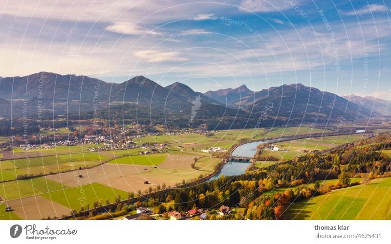 View into the Drau valley in Carinthia drautal River Austria Mountain Federal State of Kärnten Landscape Sky Deserted Vacation & Travel Panorama (View) Tourism