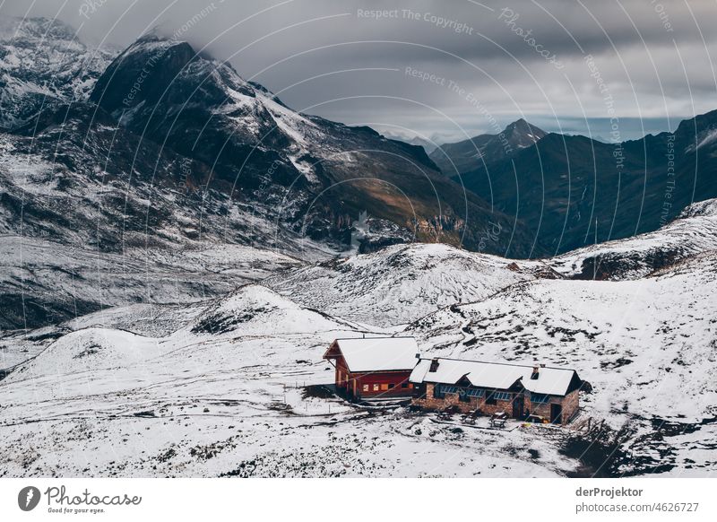 Snow with mountains and hikers lodge in summer in Savoie 2011 II Panorama (View) Deep depth of field Copy Space bottom Copy Space top Deserted Day Exterior shot