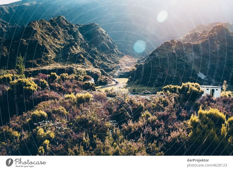 Valley view at Lagoa do Fogo II Central perspective Deep depth of field Sunlight Reflection Contrast Shadow Copy Space middle Copy Space bottom Copy Space right