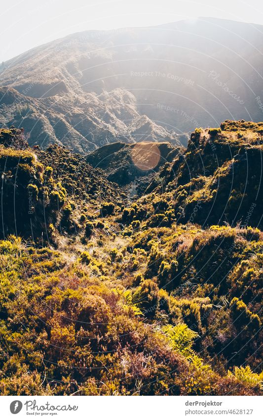 Valley view at Lagoa do Fogo Central perspective Deep depth of field Sunlight Reflection Contrast Shadow Copy Space middle Copy Space bottom Copy Space right