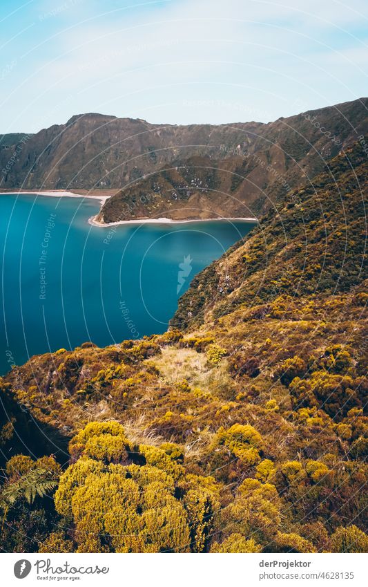 Valley view of Lagoa do Fogo Central perspective Deep depth of field Sunlight Reflection Contrast Shadow Copy Space middle Copy Space bottom Copy Space right