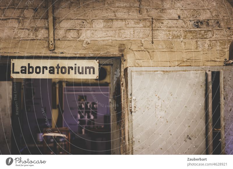 View into eerie laboratory with steel door Laboratory Room Wall (building) dim Dark Light Entrance research analysis Virus Old forsake sb./sth. Eerie