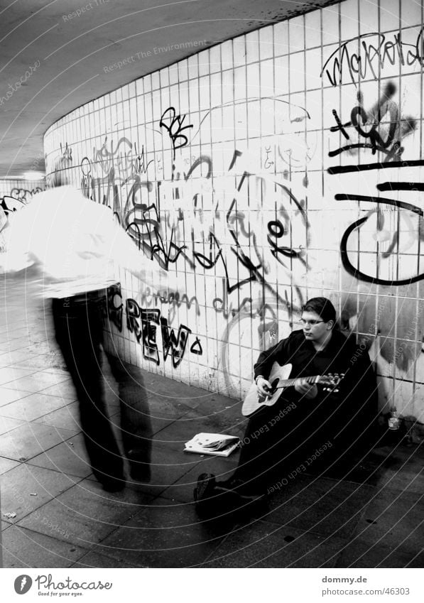 Work in a different way Work and employment Beg Man Stand Playing Spray Black White Long exposure Newspaper Shirt Pants Jacket Eyeglasses