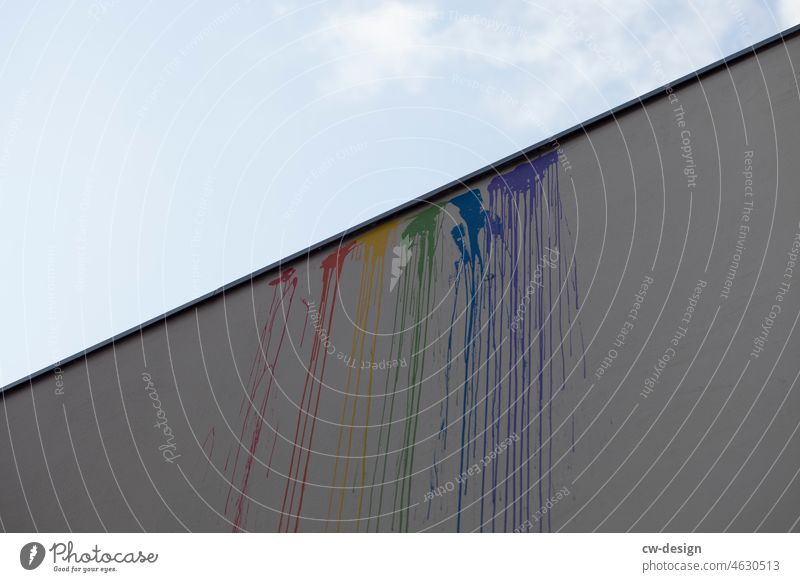 Rainbow on facade variegated Facade facade design facade detail Graffiti Daub Wall (building) Wall (barrier) Exterior shot Street art Youth culture Design