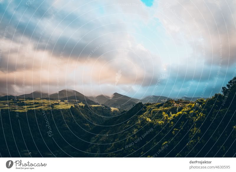 Panoramic view of the Azores Central perspective Deep depth of field Sunlight Reflection Contrast Shadow Copy Space middle Copy Space bottom Copy Space right