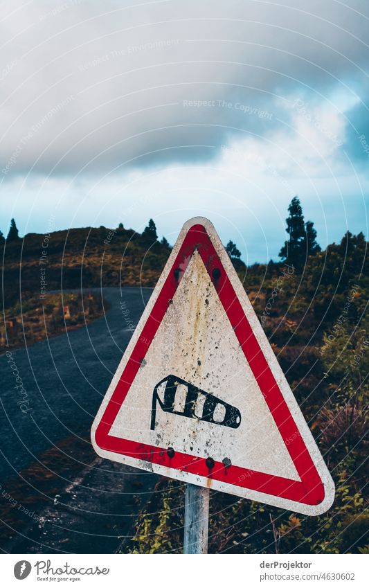 Warning sign wind in Azores Central perspective Deep depth of field Sunlight Reflection Contrast Shadow Copy Space middle Copy Space bottom Copy Space right