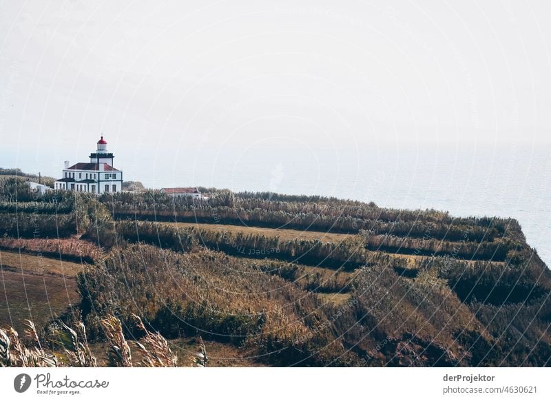 Azores lighthouse Central perspective Deep depth of field Sunlight Reflection Contrast Shadow Copy Space middle Copy Space bottom Copy Space right