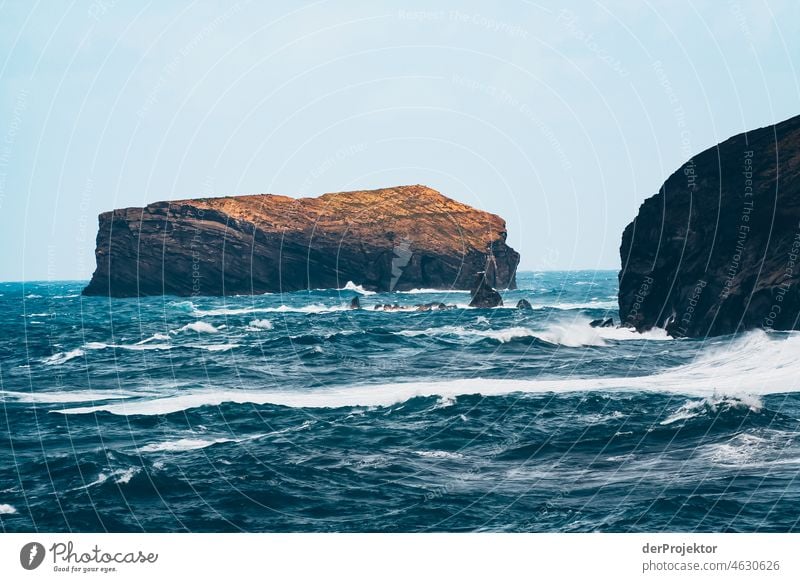 Waves and rocks in the Azores II Central perspective Deep depth of field Sunlight Reflection Contrast Shadow Copy Space middle Copy Space bottom