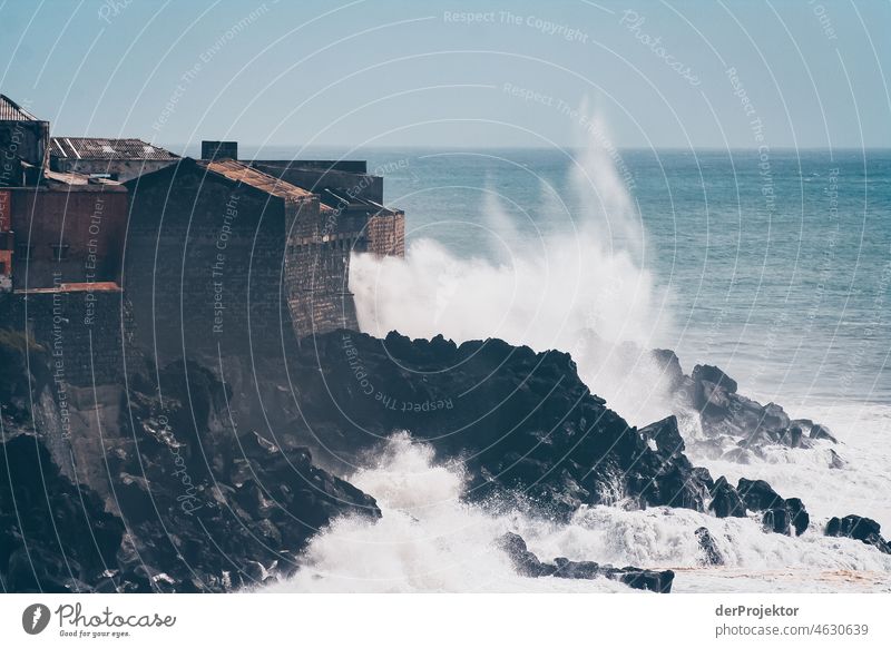 Waves and surf on the rock in the Azores Central perspective Deep depth of field Sunlight Reflection Contrast Shadow Copy Space middle Copy Space bottom