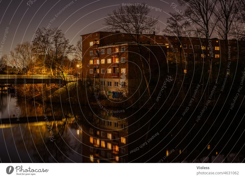 It's getting night in Hamburg II Apartment Building reflection Clouds Window bille Channel Bridge Night Hanseatic City Lighting