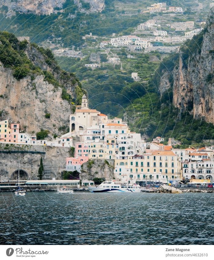 Amalfi town coastal landscape Amalfi coast Coast travel Vacation & Travel Beach Tourism Relaxation Summer Landscape Summer vacation Italy Europe cliffs rock sea