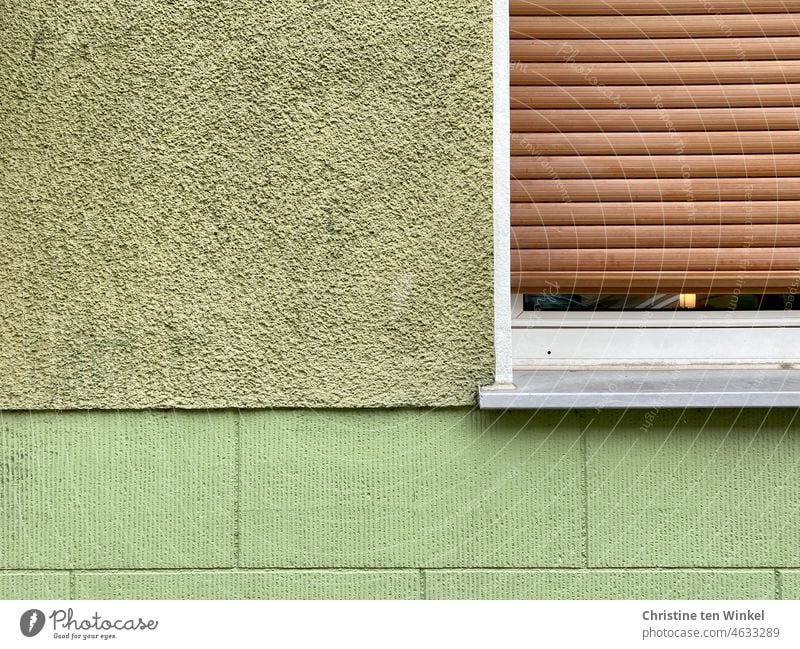 Close up of green house with one white window and brown shutter almost closed Facade green facade House (Residential Structure) Apartment Building