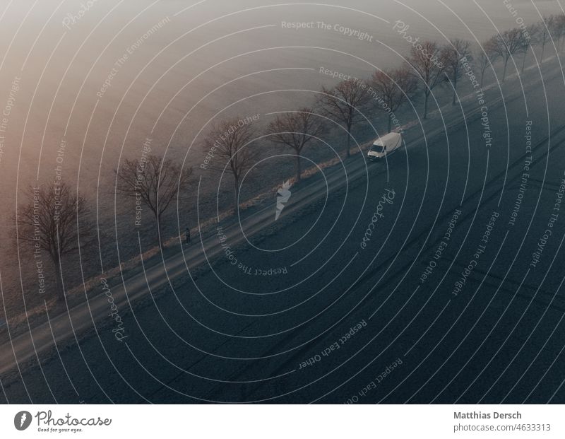 Winter landscape from the air UAV view drone droning Aerial photograph Landscape Fog Morning Dawn in the morning morning mood Morning fog Winter mood Nature