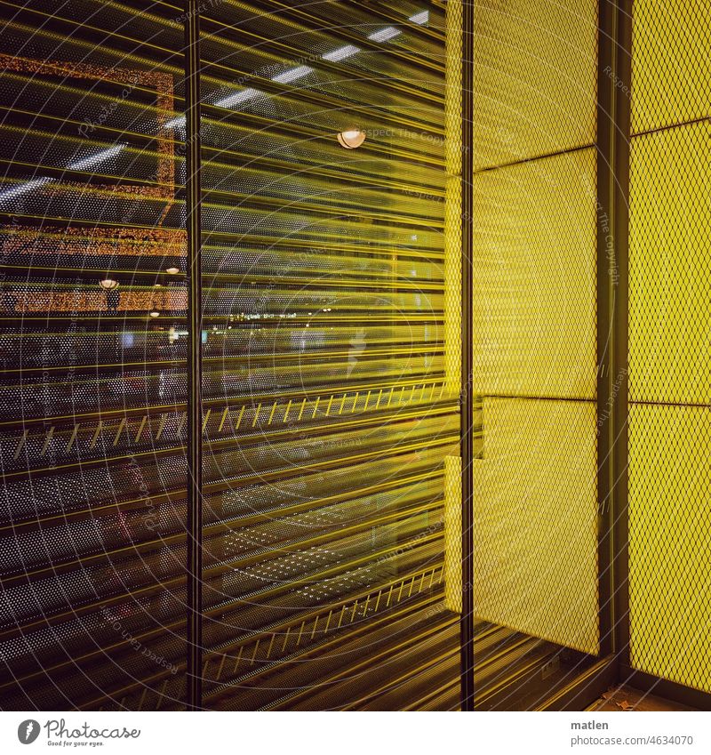 mirroring reflection Yellow Black Pane Grating Colour photo Deserted Exterior shot Light Reflection